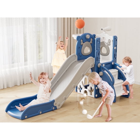 KORIMEFA 7-in-1 Toddler Slide, Outdoor Indoor Playset Slide for Kids Age 1-3 with Golf, Basketball Hoop, Baby Playground Climber Toys, Blue