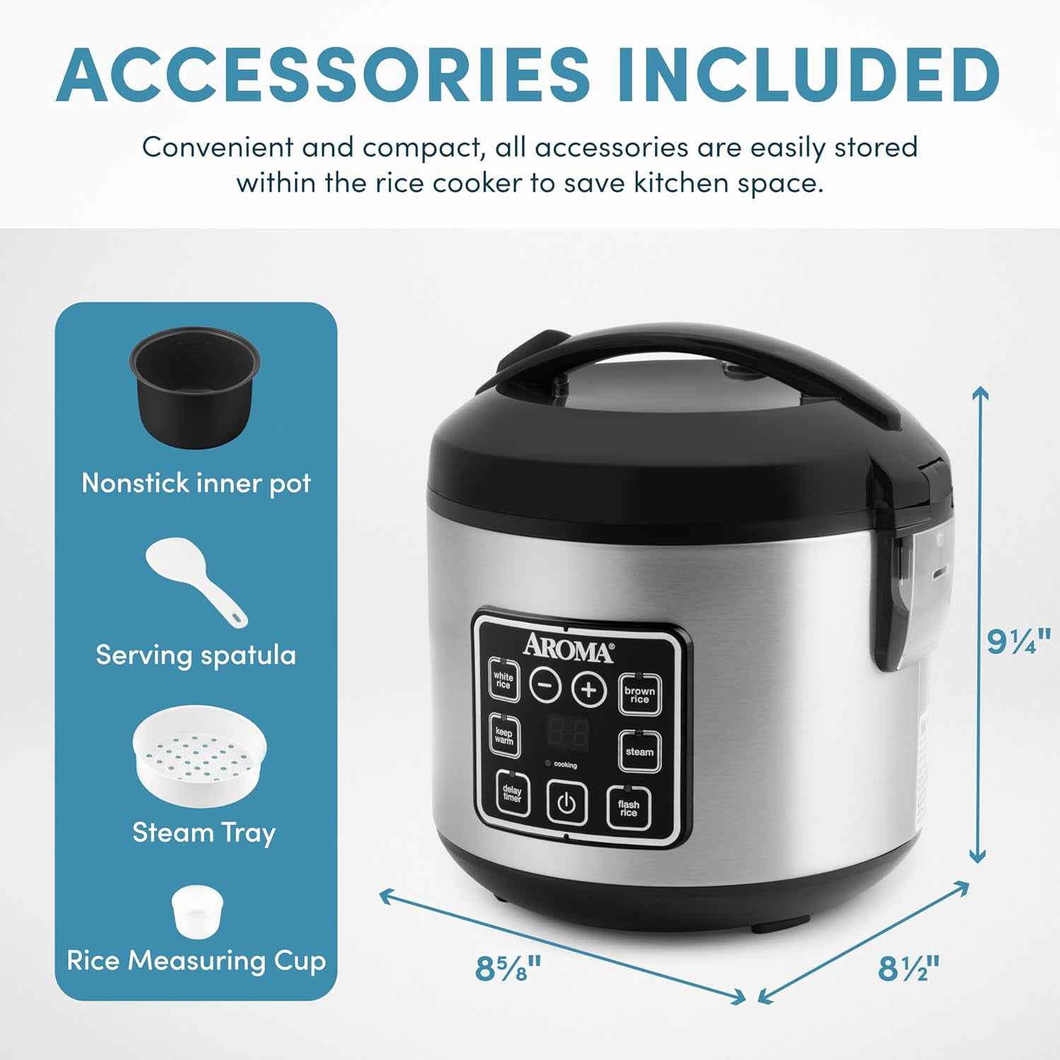Digital Rice Cooker with Steamer, 4-Cup Uncooked / 8-Cup Cooked, Multicooker, Stainless Steel