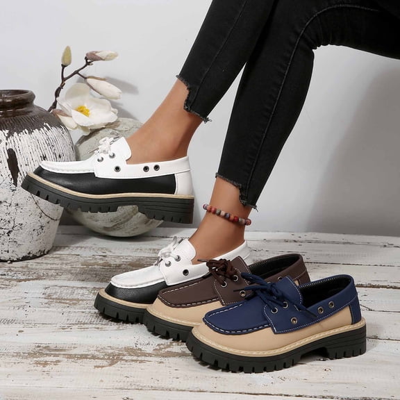 Women's Loafers, Color Block Lace-Up Platform Shoes, Non-Slip Casual Dress Flats with Chunky Sole, Comfortable Round Toe Walking Shoes for Daily Work Outdoor, Black/White/Brown/Navy