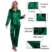 DAKIMOE Sleepwear Womens Silky Satin Pajamas Set Long Sleeve Nightwear Loungewear, Green, M