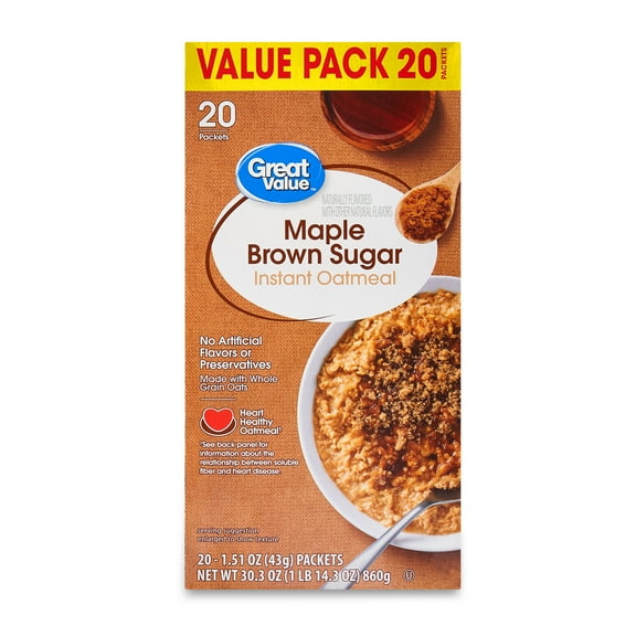 Great Value Maple & Brown Sugar Instant Oatmeal, 1.51 oz, 20 Count
