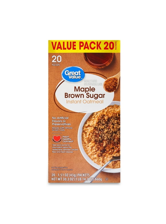 Great Value Maple & Brown Sugar Instant Oatmeal, 1.51 oz, 20 Packets