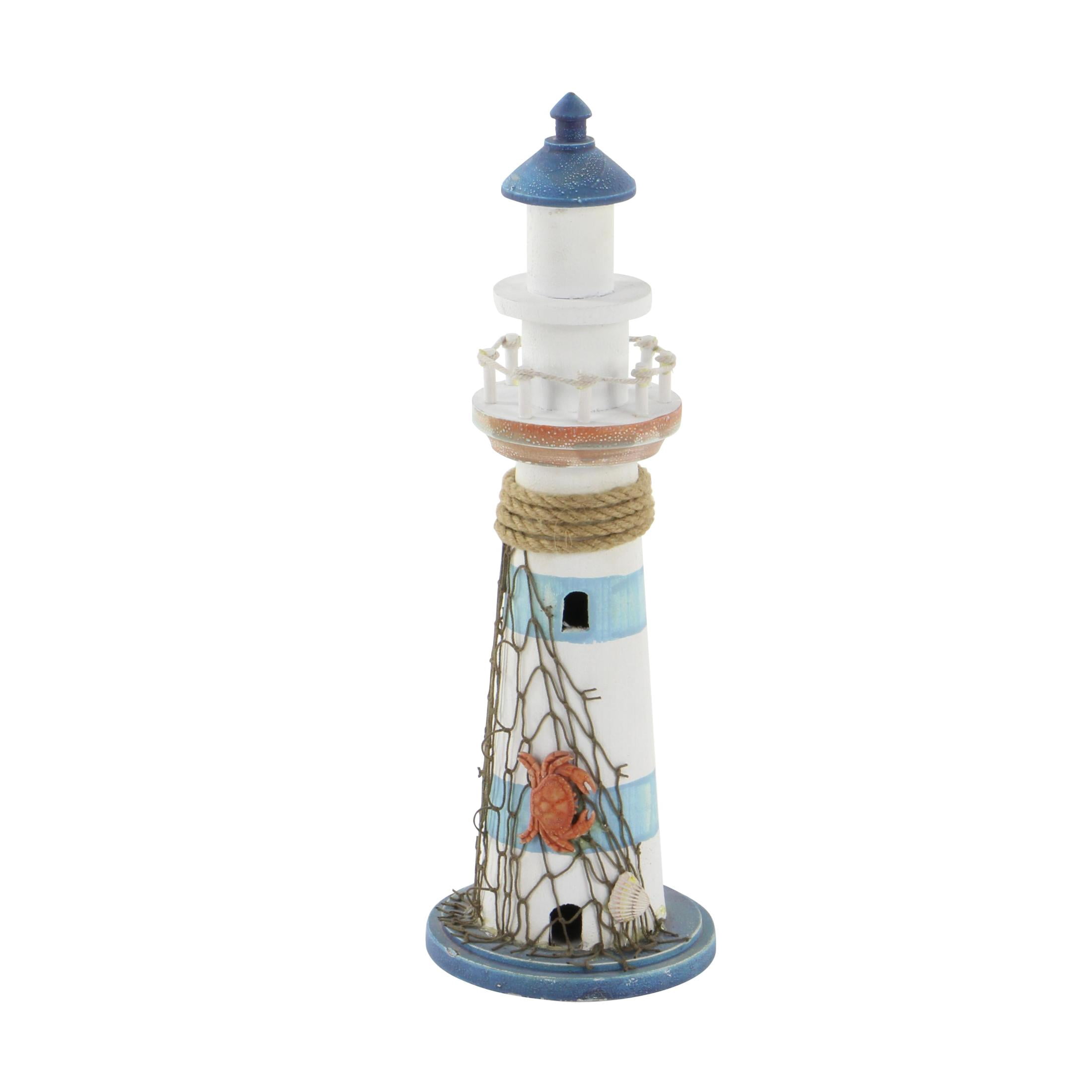 6" x 16" Blue Wood Light House Sculpture with Netting, by DecMode