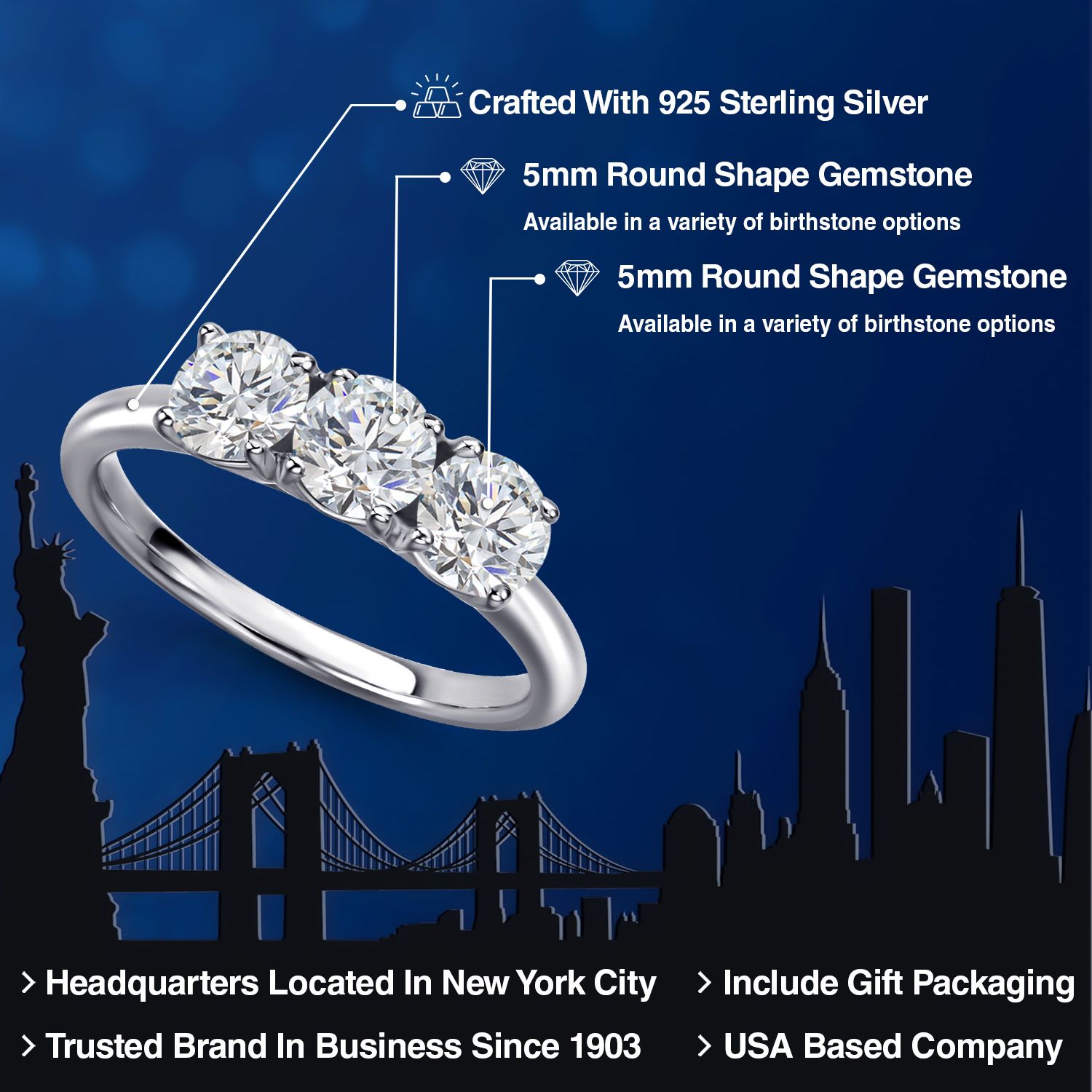Gem Stone King 1.50 Cttw Lab Grown Diamond 3-Stone Engagement Ring for Women | 925 Sterling Silver | Round 5MM | Gemstone April Birthstone | DEF Color | VVS-VS Clarity (Size 8)