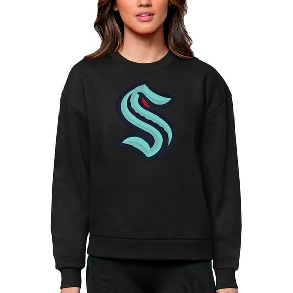 Women's Antigua Black Seattle Kraken Primary Logo Team Logo Victory Crewneck Pullover Sweatshirt