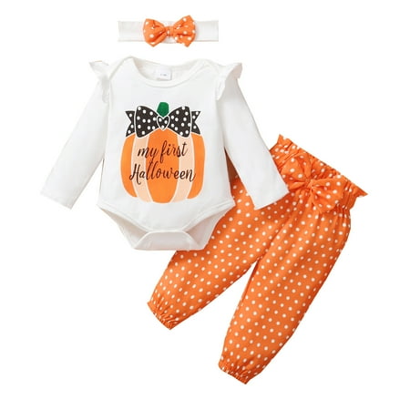 

PMVFHDE Halloween Kids Clothes New Born Babies Boys Girls Long Sleeve Letter Pumpkin Romper Bodysuits Dot Prints Pants Headbands Outfits White 9-12 Months
