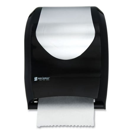 San Jamar Tear-N-Dry Touchless Roll Towel Dispenser  16.75 x 10 x 12.5  Black/Silver San Jamar Tear-N-Dry Touchless Roll Towel Dispenser  16.75 x 10 x 12.5  Black/Silver - Hygienic touchless dispensing prevents germ spread. Just tear off towel and sensor activates to present another! Portion control provides 10” length every time. Dispenses any paper quality. Holds rolls up to 8” wide x 8” dia. and one 4” stub roll. Automatic transfer device allows complete usage of stub roll to eliminate waste. Lock prevents pilferage (waffle key incl.). Operates on four D alkaline batteries (sold separately); battery usage equivalent to dispensing 100  800-ft. rolls. Impact-resistant plastic.
