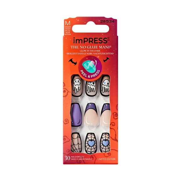 KISS imPRESS Halloween Press On Nails, ‘Party Startled’, Purple, Medium Coffin, 30 Count