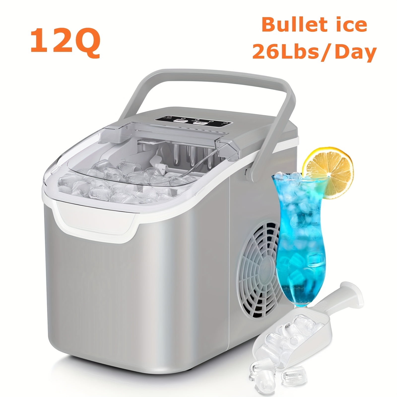 Countertop Nugget Ice Maker, 26/35 Lbs Daily Output, Pebble/Sonic/Bullet/Cube Ice, Self-Cleaning, with Ice Scoop & Basket, Silver Stainless Steel, for Home Kitchen Use