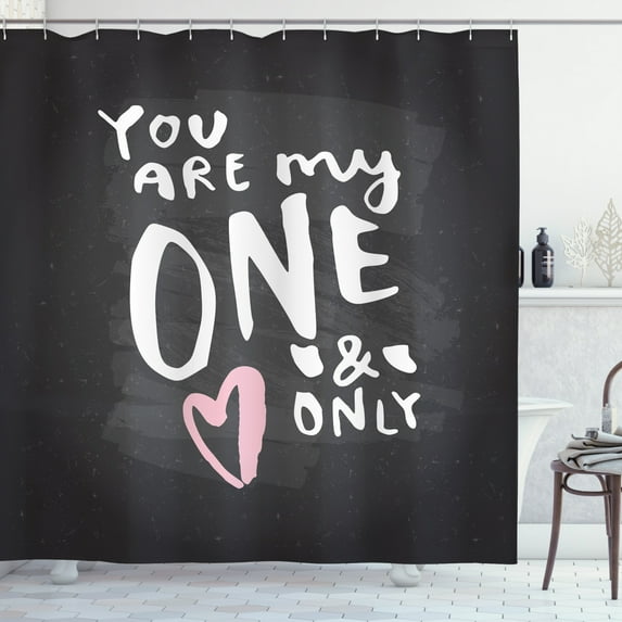 One and Only Saying Shower Curtain, Bold Typography with a Heart Drawing Valentines Day Pattern, Fabric Bathroom Set with Hooks, 69W X 70L Inches, Dark Grey Rose White, by Ambesonne