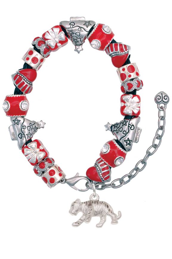 Silvertone Tiger Cub Red Christmas Bead Bracelet
