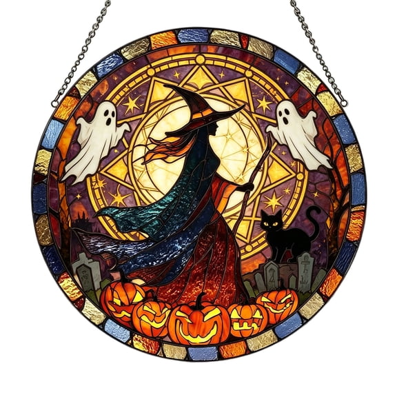 Tarmeek Halloween Decorations Witch Suncatcher Hanging Ornament Spooky Decor Glass Pendant Acrylic Stained-Glass Effect for Indoor Outdoor Gothic Home Garden 30cm