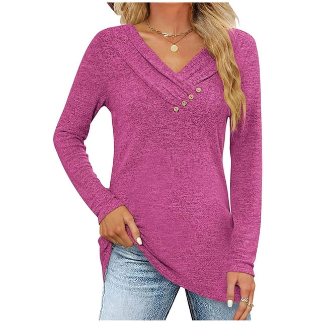 Birdeem Womens Fashion Casual Solid Color V-Neck Long Sleeve Button Top