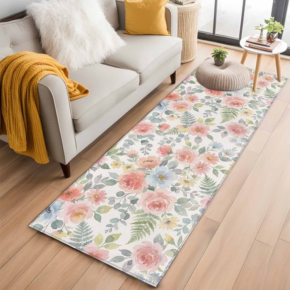 Pink Watercolor Floral 2'x6' Runner Rugs for Hallway Kitchen Bedside Non Slip Washable, Spring Botanical Leave Flowers Entryway Rug Runners with Rubber Backing, Long Carpet Runner for Laundry Room