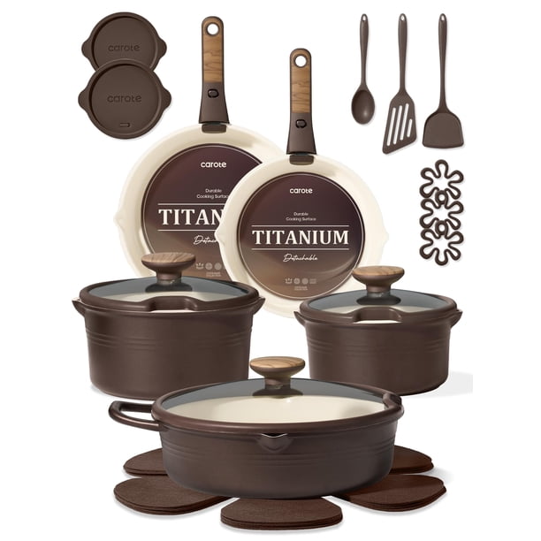 Batería de cocina CAROTE de 22 piezas con recubrimiento de titanio antiadherente y mangos desmontables