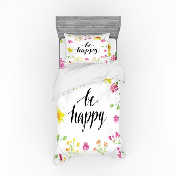 Ambesonne Saying Bedding Set 3 Pcs, Be Happy Wildflowers, Twin XL, Multicolor