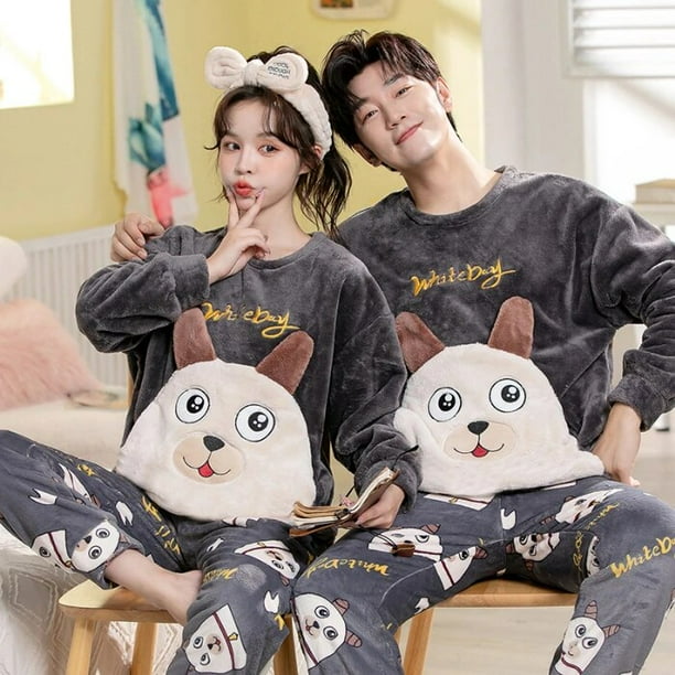 Conjunto de pijama de felpa de franela calida para hombre y mujer ropa de dormir de manga larga con cuello redondo dibujos animados dulces 32 estilos Invierno Walmart en linea