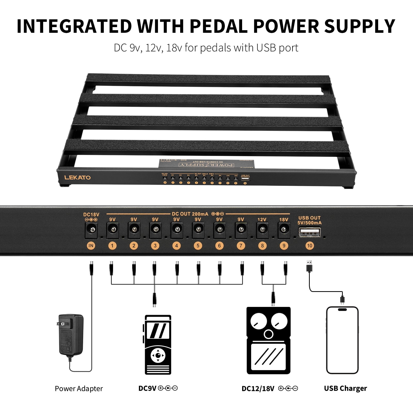 LEKATO Pedalboard, Pedal Board with Built-in Power Supply, 19x12.2x1.8" 2.97LB, Aluminium Alloy Guitar Pedal Board with Carry Bag, Pedal Cables, Adhesive Hookside Tape