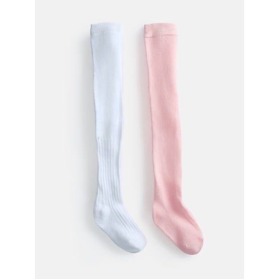 Wonder Nation Baby & Toddler Girls Flat & Ribbed Cotton Tights, 2 Pack, 0M-5T