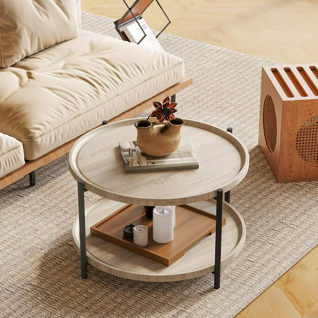 Round Coffee Table, 2 Tier Rustic Wood Desktop with Storage Shelf, Modern Accent Tea Center Table Cocktail Tables for Living Room, Sofa Tables Home Furniture for Small Spaces