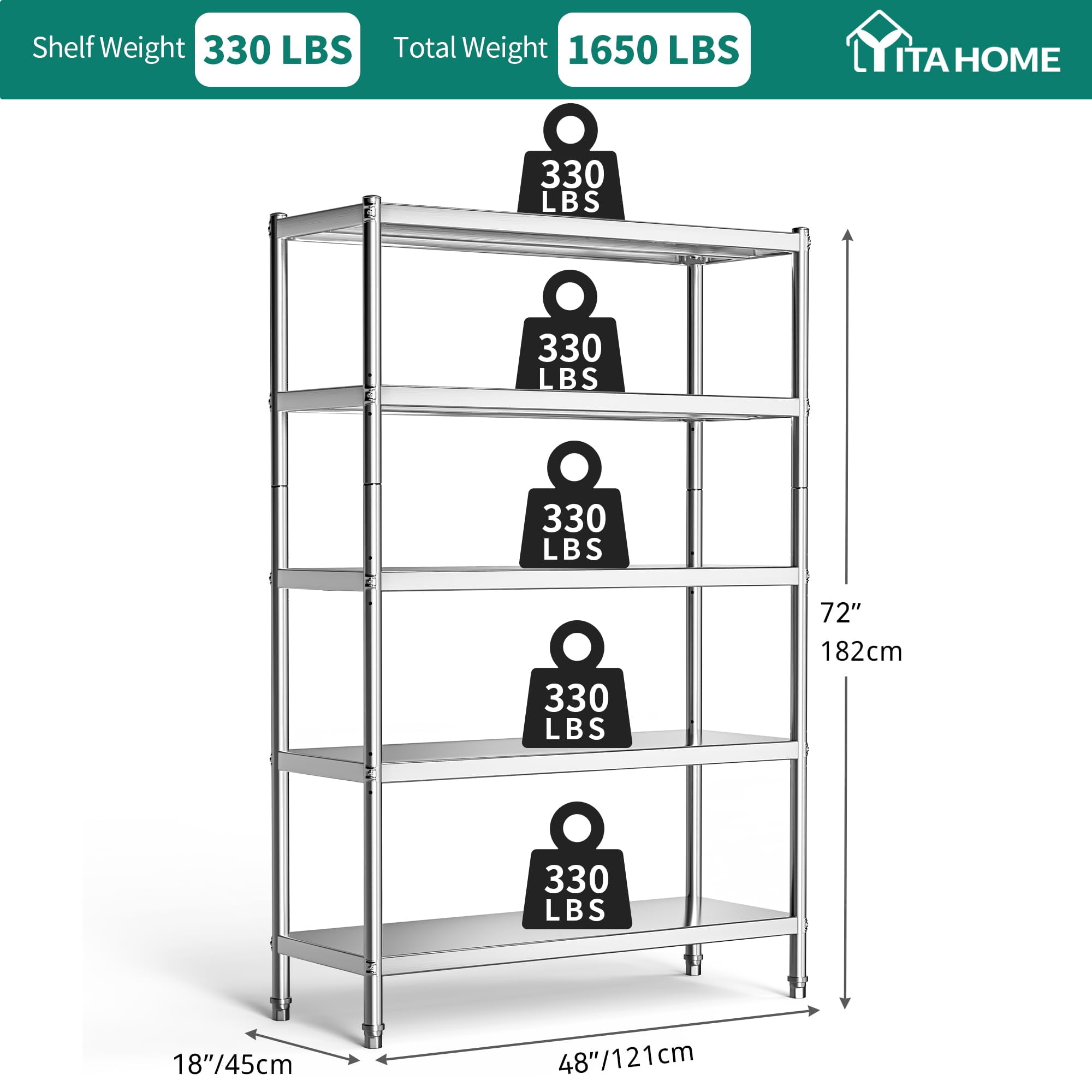 Dextrus 5-Tier Stainless Steel 18" D x 48 W" x 72 H" Storage Shelves, Silver