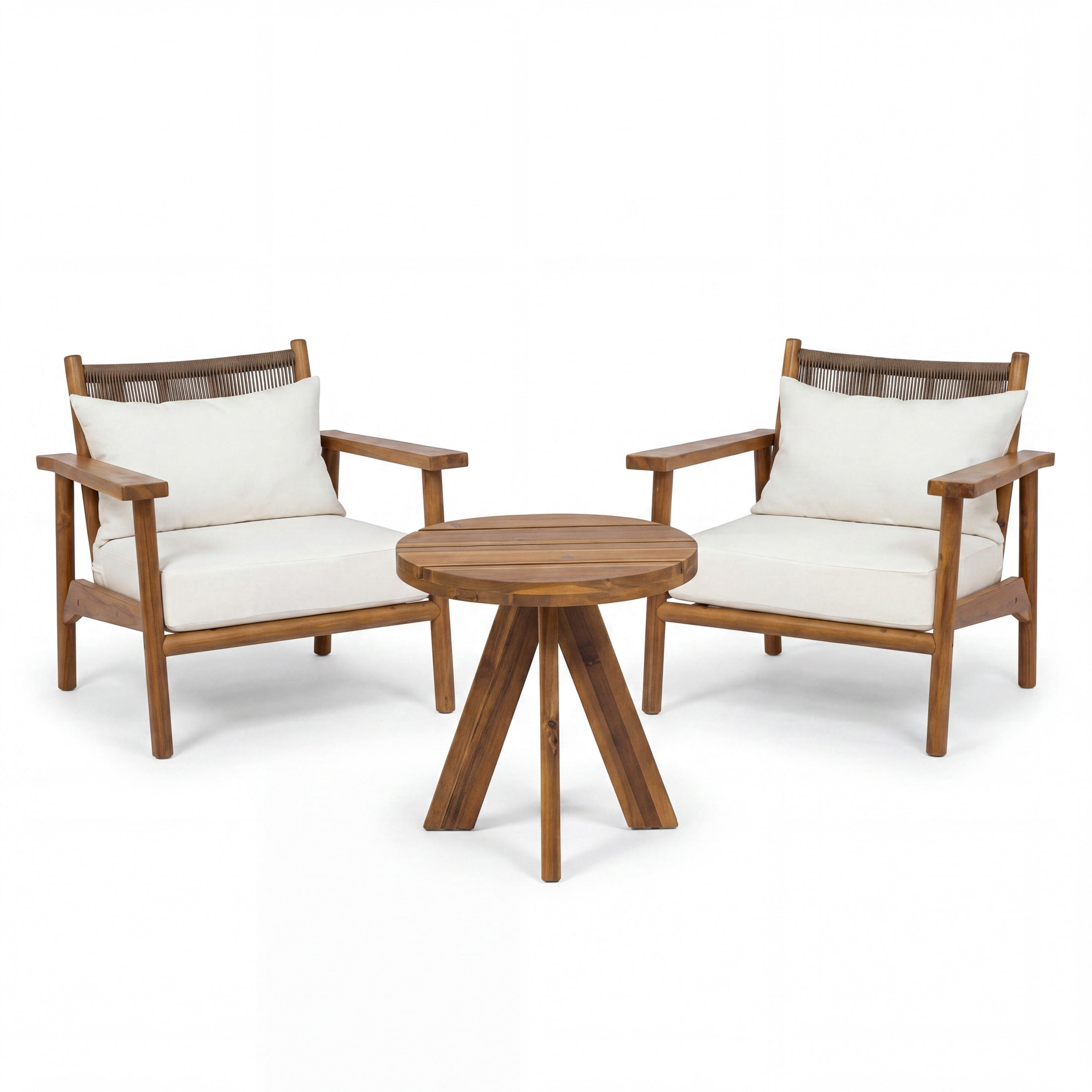 Christopher Knight Home 3-Piece Wood Outdoor Chat Set, Arm Chairs & Side Table, Beige Cushion, Teak