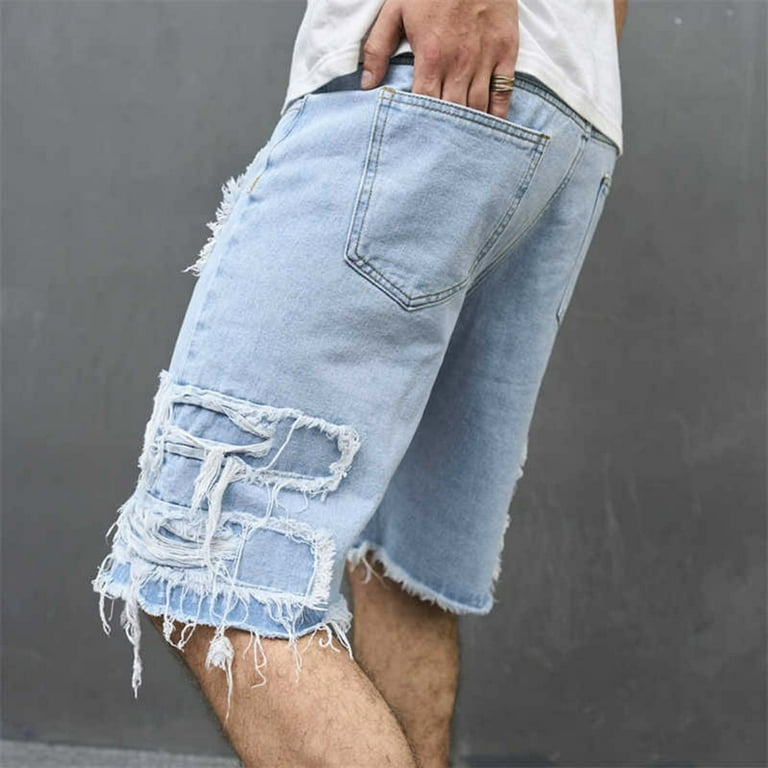 Mens Jean Shorts Ripped Stretchy Thin Soft Summer Denim Bermuda