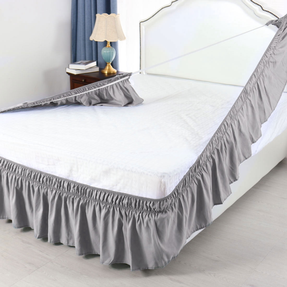 Unique Bargains Elastic Dust Ruffled Bed Skirt with 15" Drop Queen Gray