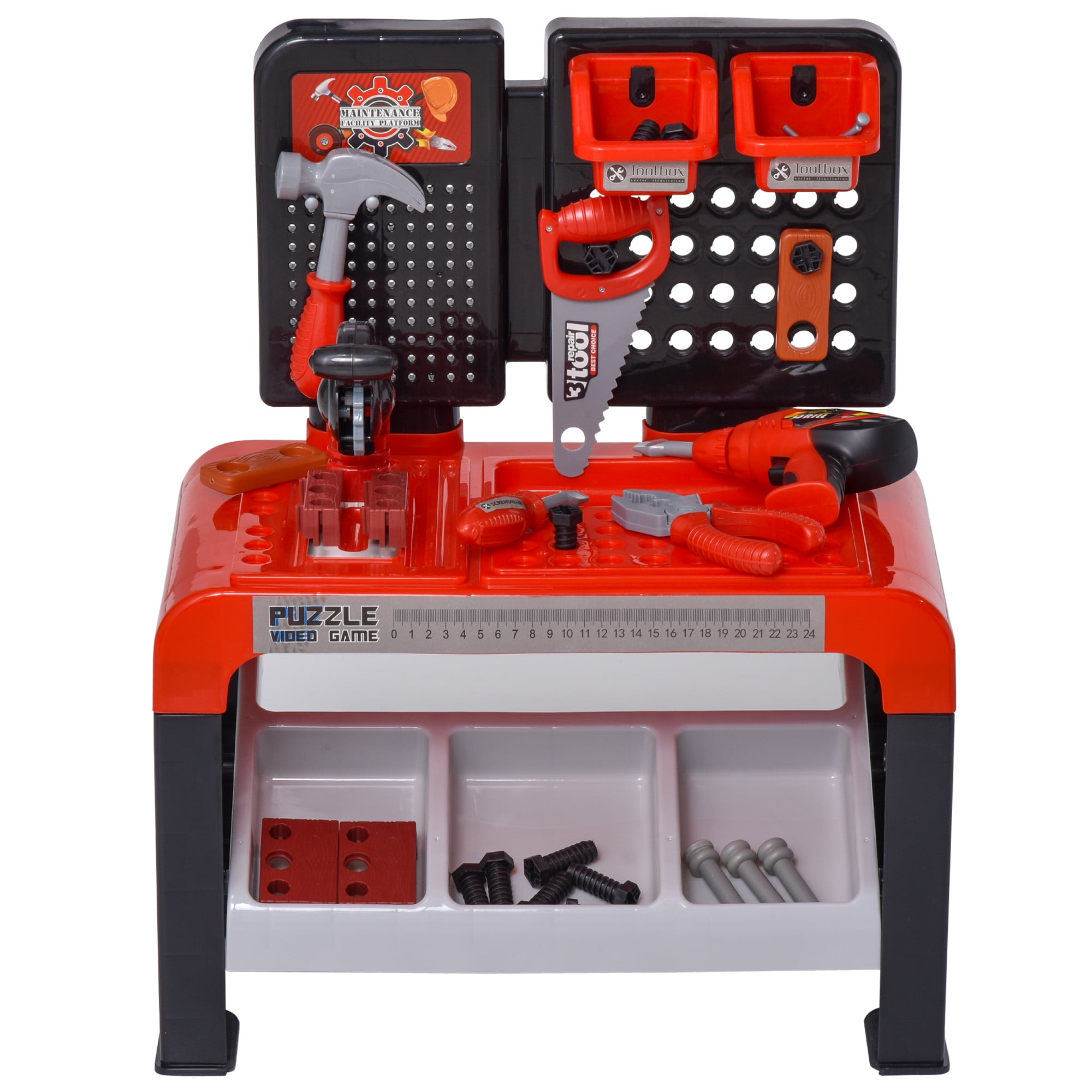 Qaba 64 Piece Tool Workshop Kids Play Set Workbench and Construction Toy for 3+-Year-Old with Shelf Storage Box