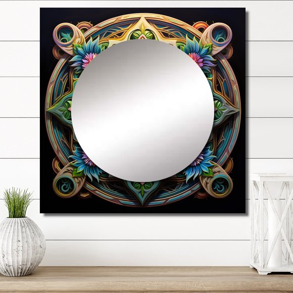 Designart "Ancient Colorful Mandala Magical Heritage I" Boho Mandala Square Mirror Wall Decor Traditional - Large Pink Square Bathroom Mirror - Square Printed Wall Mirror Art