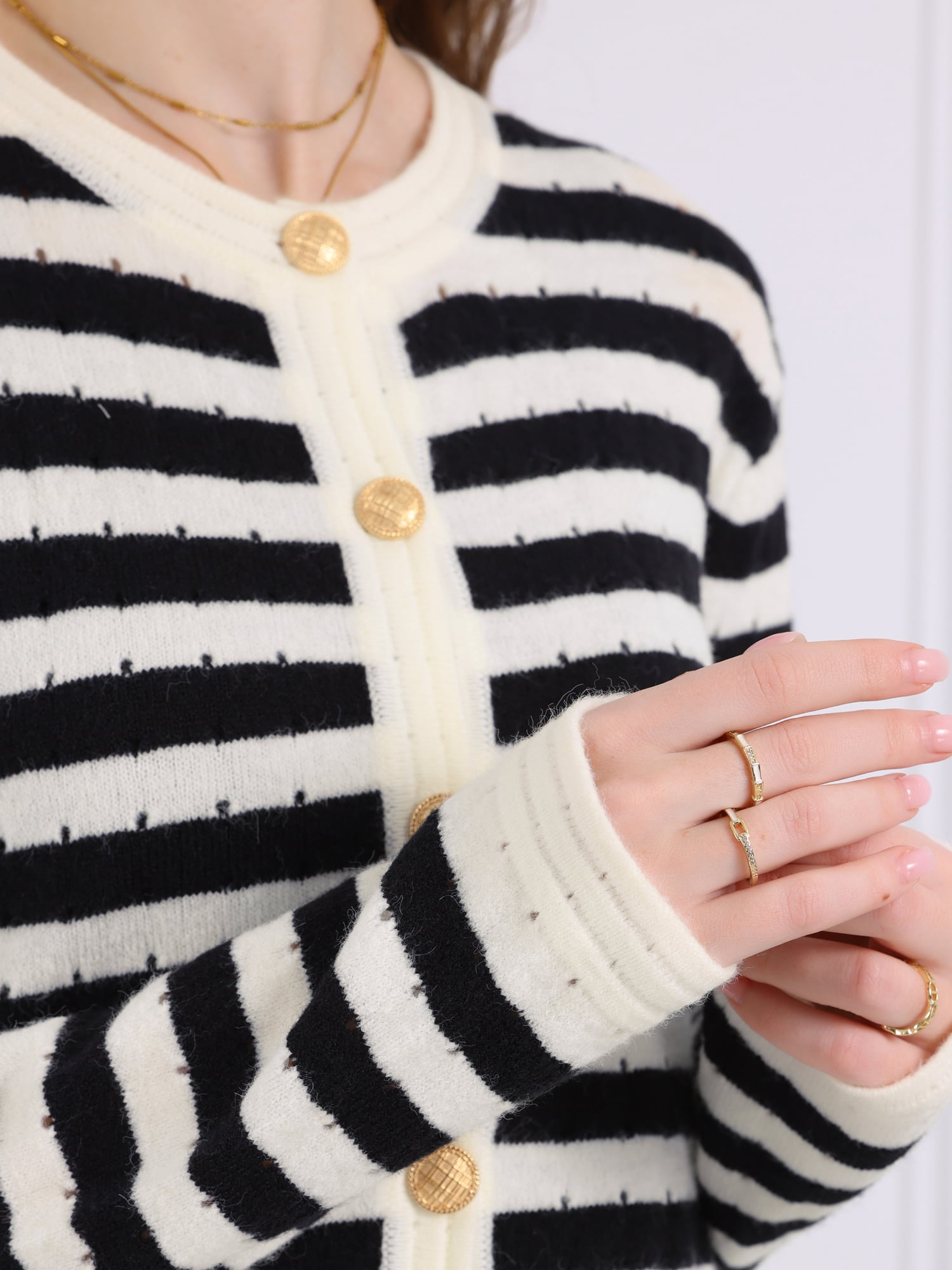DARING DIVA Women's Striped Knit Long Sleeve Button Down Cardigan S Black