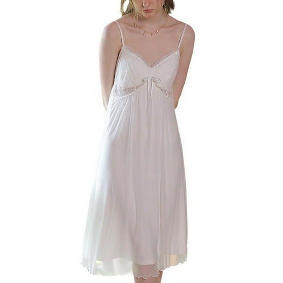 Defitshape Women's Vintage Victorian Nightgown Knee Length Chemise Lounge Dress Hollow Out Low Back Home Adjustable 2 Layered Night Dress White Large