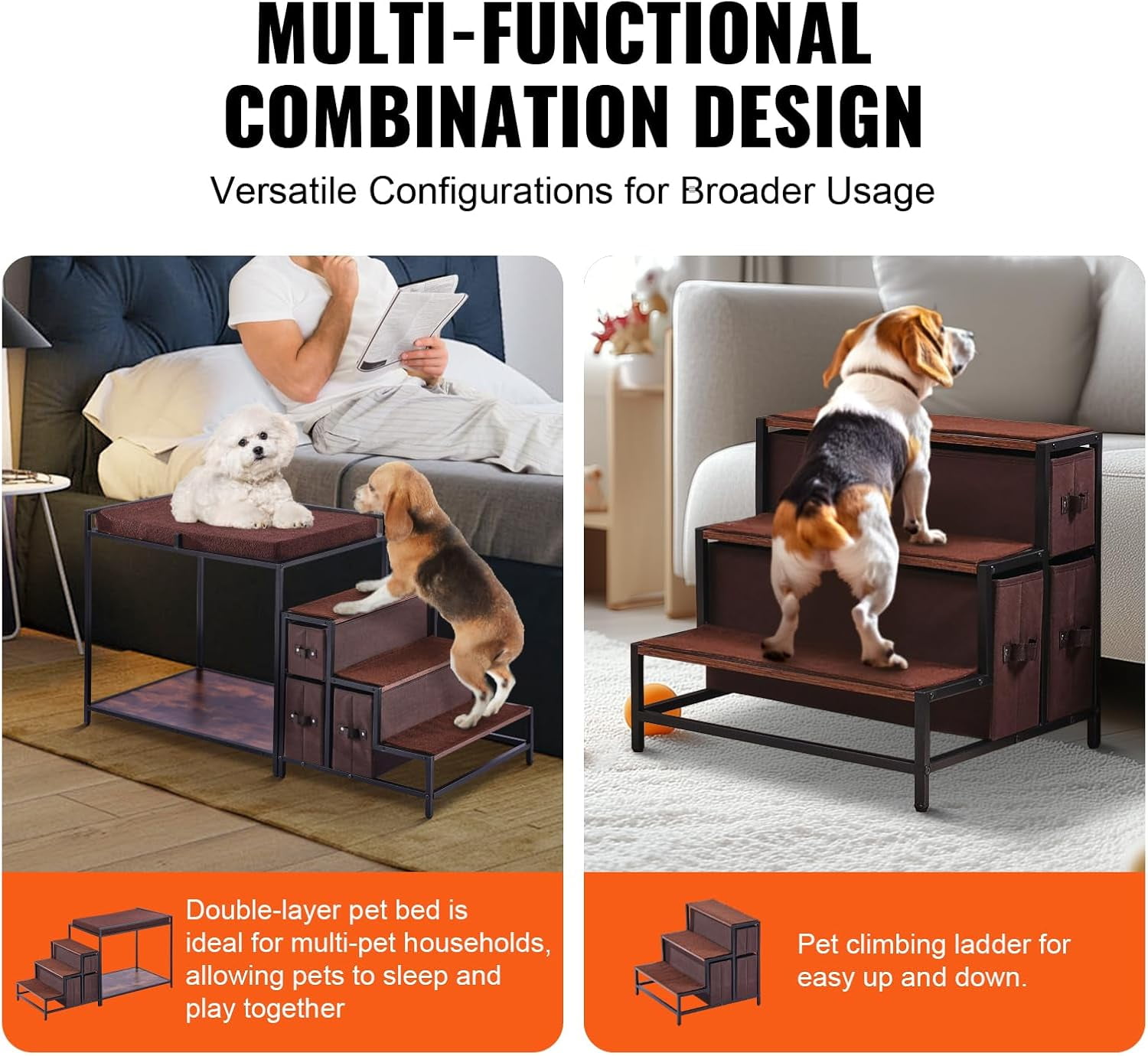 Pet Bunk Bed with Stairs, Dog/Cat Window Perch with Storage, Multi-Level Bed Window Perch Dog Bedside Sleeper Couch, Pet Seat Platform for Medium Size Pet, Indoor Use (Dark Brown)