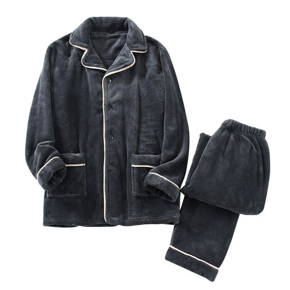 successthop Mens Pajamas Flannel Fleece Thick Long Sleeve Button Down Tops with Pants Winter Solid Loungewear