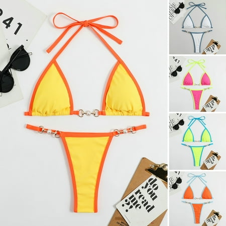 1 Set Women Bikini Set Contrast Color Three-point Exposed Backless Halter Neck Swimming Lace Up Faux Pearl Lady Swimsuit Water Sports Clothes
