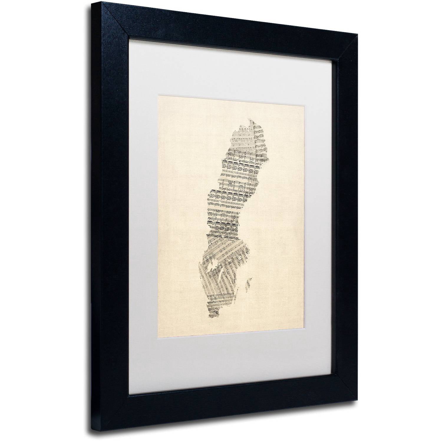 Trademark Fine Art 'Old Sheet Music Map of Sweden' Canvas Art by Michael Tompsett, White Matte, Black Frame