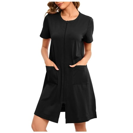 GHSOHS Robes for Women Bathrobe Sexy Lingerie Women Zipper Front Coat Short Sleeves Robe Bathrobes Lightweight Knee Length Short Dress with Pockets Sleepwear Sleepshirt Robe Pajamas Nightgown