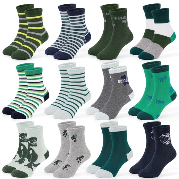 12 Pairs Toddler Socks Boys Dinosaur Socks Kids Fun Cartoon Novelty Crazy Crew Sock for Children 1-7 Years Old