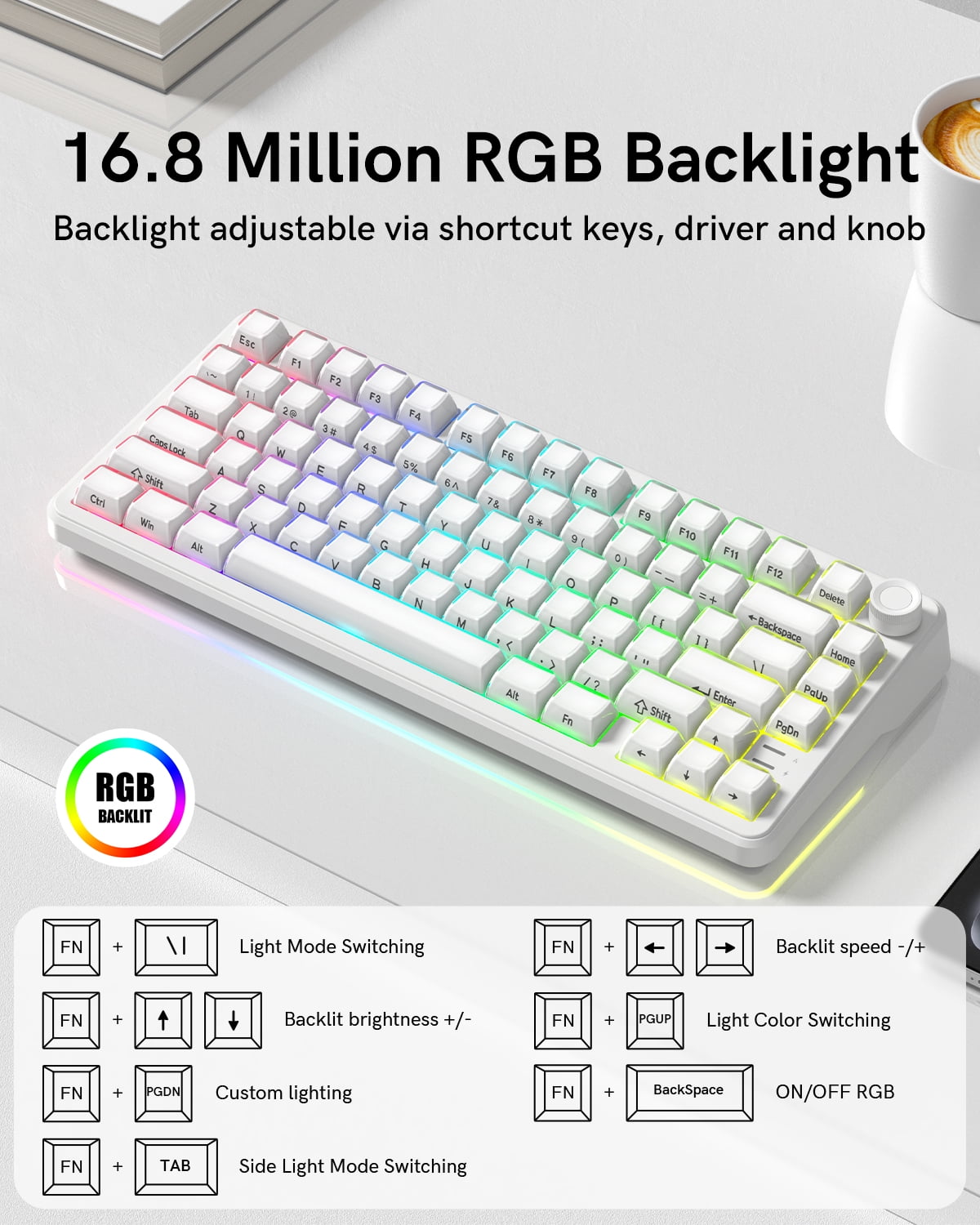 COSTOM 75% Wireless Mechanical Keyboard with Knob, Tri-Mode BT5.0/2.4GHz/USB-C Hot Swappable Computer Keyboard, Gasket Mount, Pre-lubed Linear Switches, RGB Backlit Gaming Keyboards, White