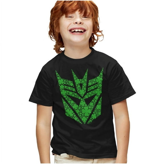 Transformers St Patrick's Day Decepticon Shamrock Kids T Shirt for Youth Boys and Girls, Black, Large
