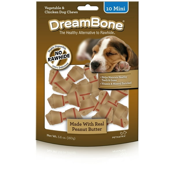 DreamBone Peanut Butter Flavored RawhideFree Dog Chews, Mini, 5.6 Oz. (10 Count)