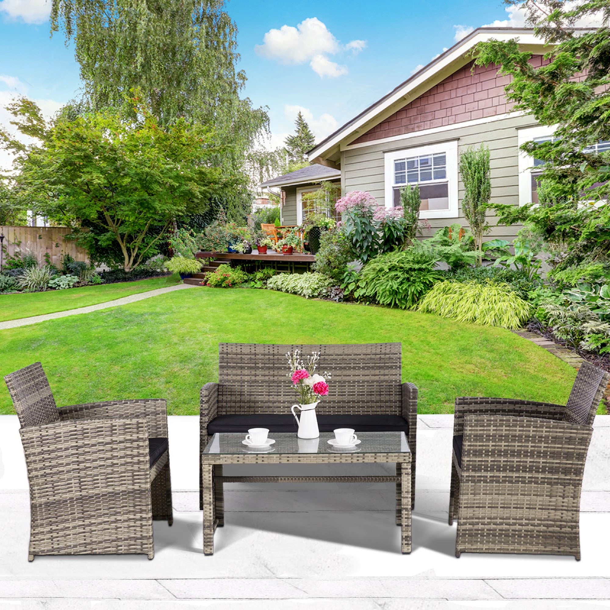 Cloud Mountain 4 Piece Rattan Furniture Set Patio Conversation Cloud Mountain 4 Piece Rattan Furniture Set Patio Conversation Sectional Wicker Outdoor Garden Lawn Sofa Cushioned Com