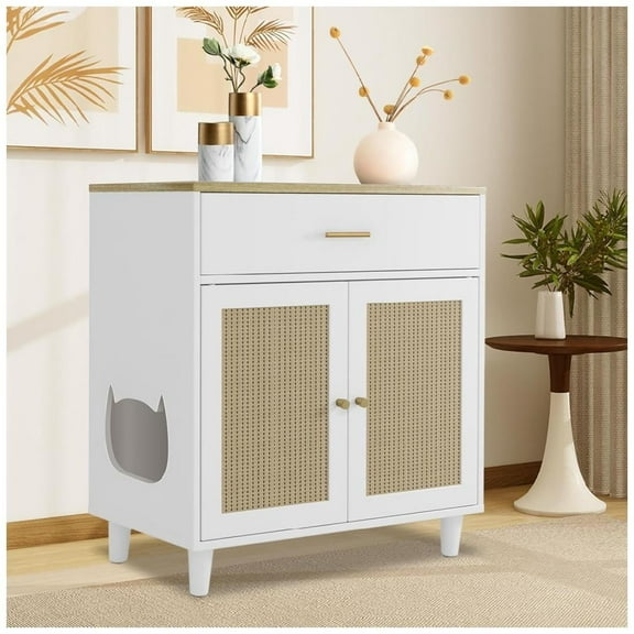 Cat Litter Box Enclosure Furniture Hidden Wooden Dog Proof Cat Litter Box Enclosure Cabinet with Drawer and Sisal Doors Corner Cats Kitten Cabinet White