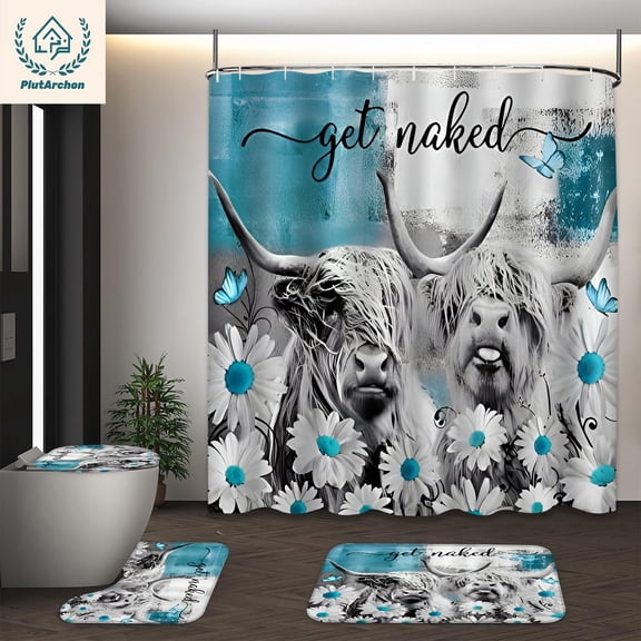 PLUTARCHON 4pcs Highland Cow Bathroom Set - Turquoise Fabric Shower Curtain & Rug, Get Naked Funny Modern Decor, 70.8"x70.8"