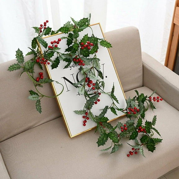 1.8M Artificial Holly Leaves Red Berries Vine Christmas Rattan DIY Garland Xmas Tree Hanging Ornaments Home Decoration Wreath