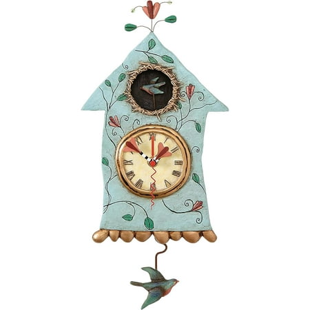 Allen Designs Birdhouse with Flowers Cuckoo Wall Clock - Battery Operated Pendulum Analog Clock, Stone Resin Decorative Clocks for Walls Home Decor Kitchen Clocks, 14.9 Inch