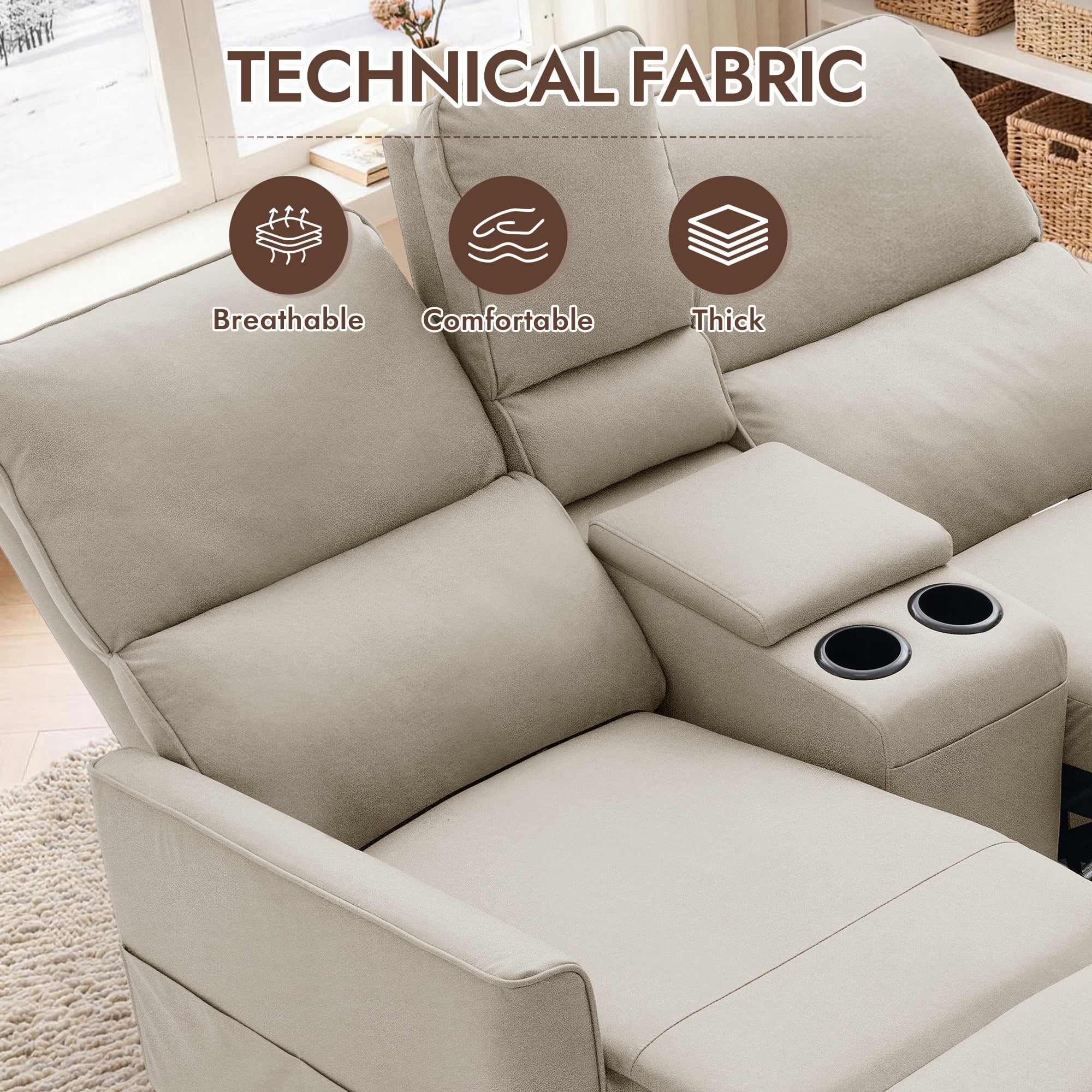 Korser 2-Seater Recliner Sofa with Pillow,Double Recliner Loveseat with Storage Console, Side Pockets, Cup Holders Manual Recliner Sofa for Living Room,Khaki
