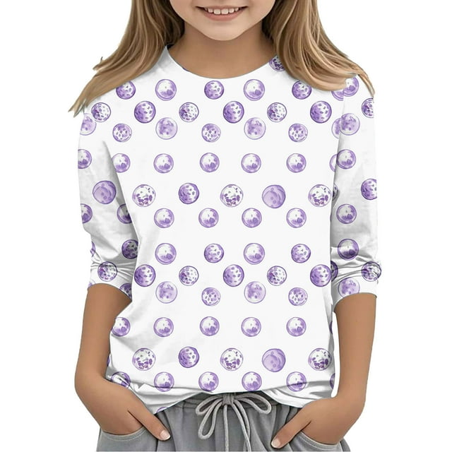 SERTG Hauts Mignons pour Enfant Printemps Automne Été Manches 3/4 Col Rond Mignon T-Shirt de Sortie Imprimé Mode Tenues Manches Mi-Longues 3-12 Ans (Violet#4,5 Ans)