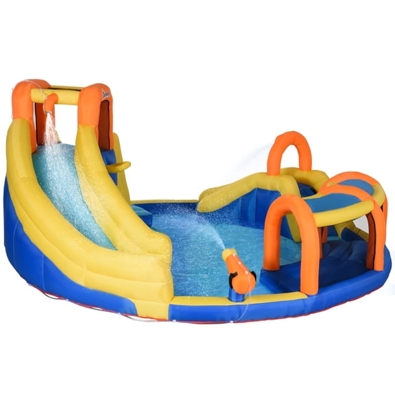 Outsunny 6-in-1 Kids Inflatable Water Slide, Bounce House with Slide, Pool, Water Cannon, Climbing Wall, Tunnel, Hoop, Backyard Inflatable Game for Birthday Party Activities without Air Blower