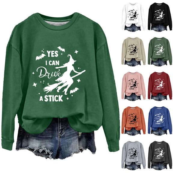 YVNAURA Women's Yes I Can Drive A Stick Funny Witch Sweatshirt Sarcastic Broomstick Joke Pullover Crewneck Long Sleeve Halloween Spooky Season Casual Fall Top 1 Pack, JN,L